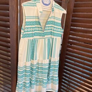 Women’s Teal White Geometric Print Sleeveless Tiered Dress Size Small